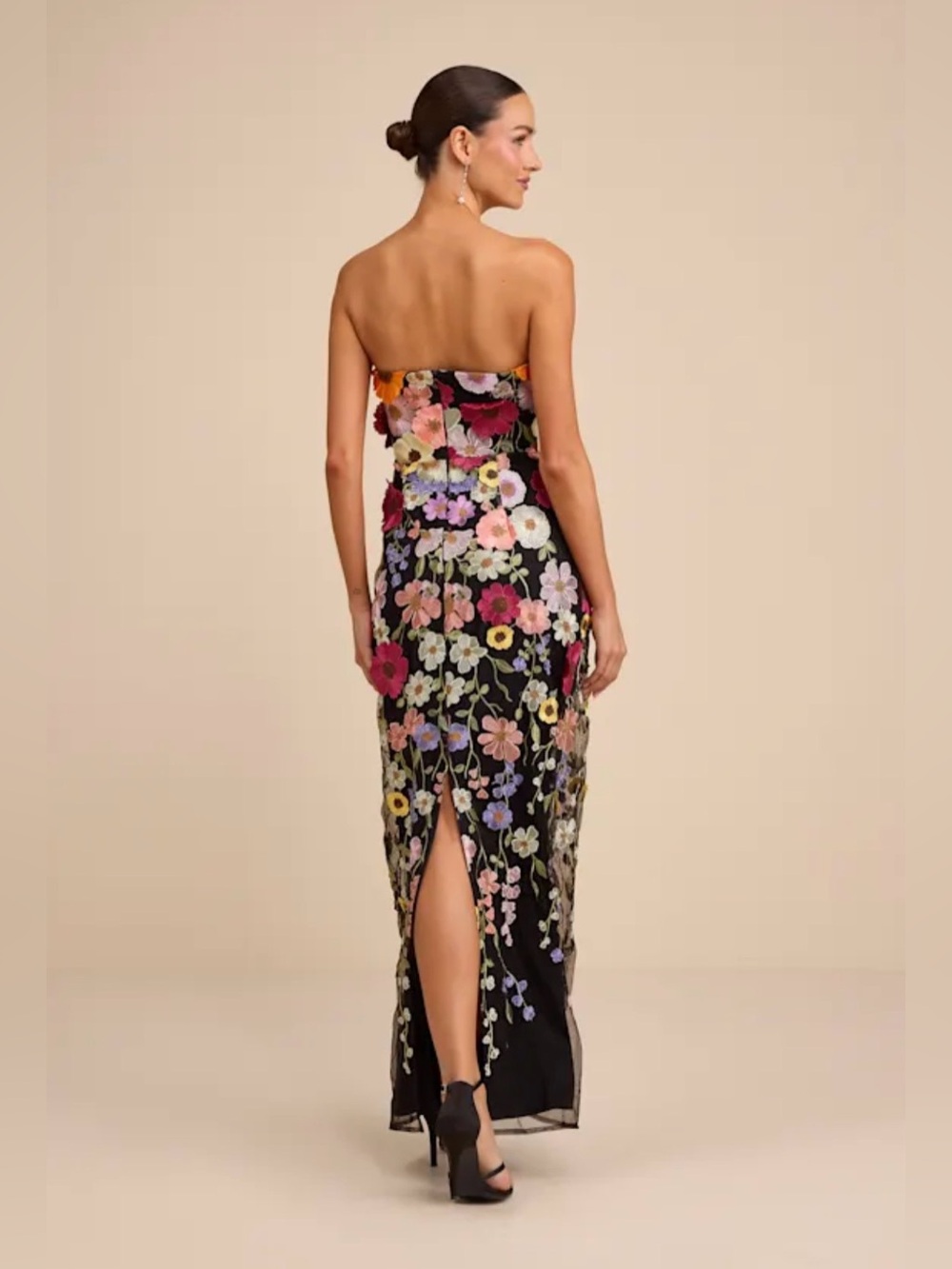❤️LULUS❤️Macario Black Multi 3d Floral Embroidered Strapless Maxi Dress - Size L - Picture 3 of 5